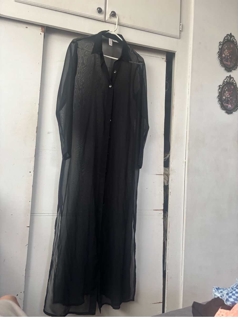 Sheer Black Maxi Button-Up Dress with Collar